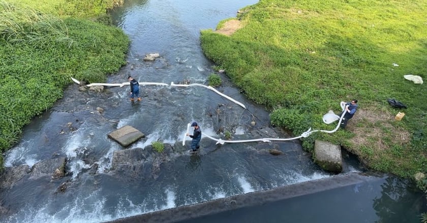 花蓮市萬壽大排遭廢油污染 吸油棉索攔截並追來源
